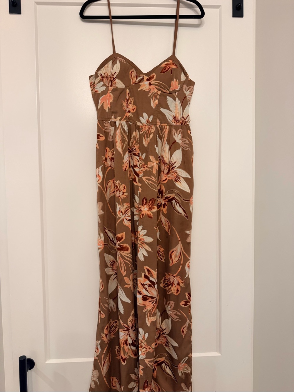 Tan Floral Spaghetti-Strap Jumpsuit
